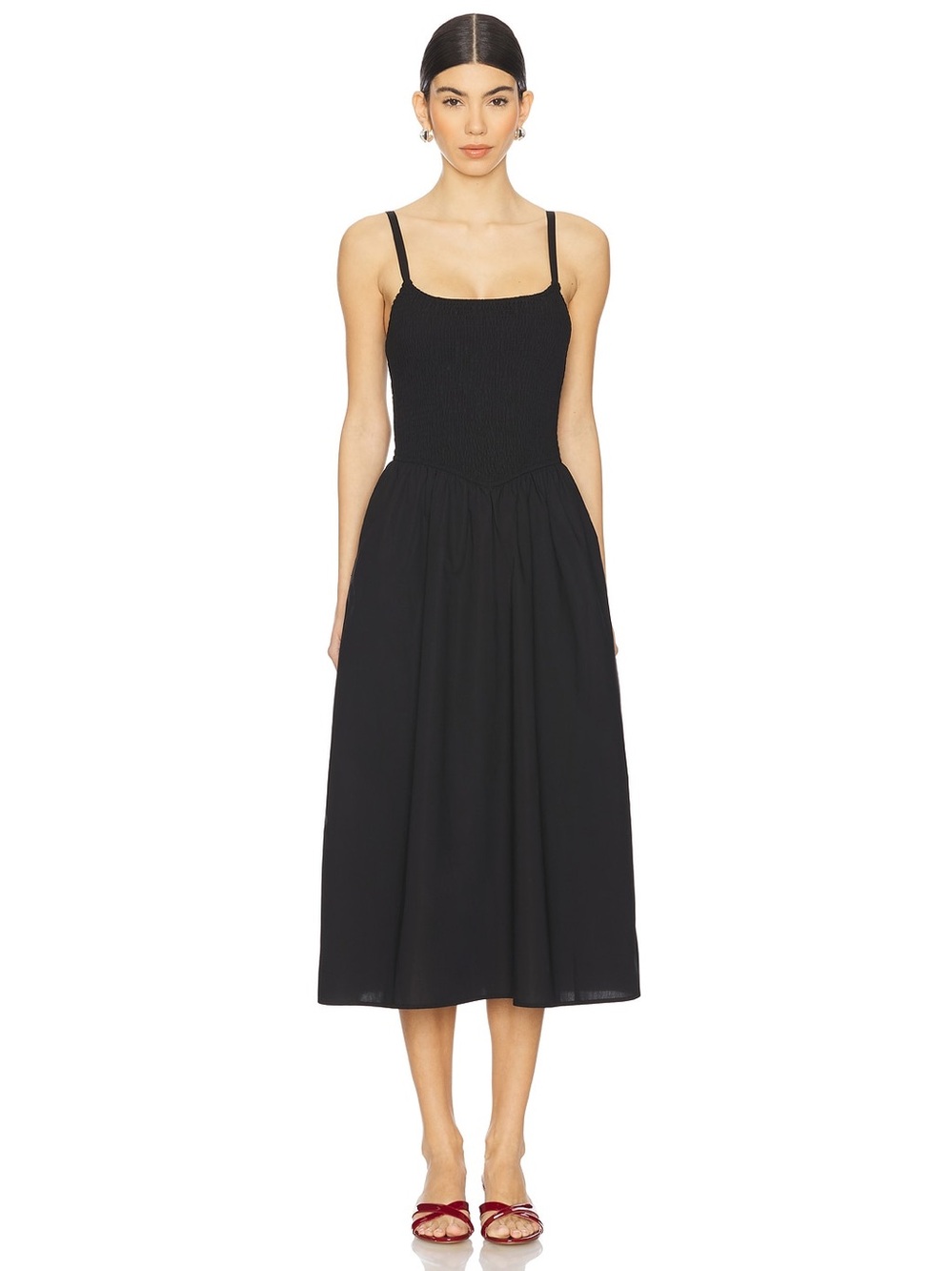 Steve Madden Codie Smocked Bodice Midi Dress in black.XS
